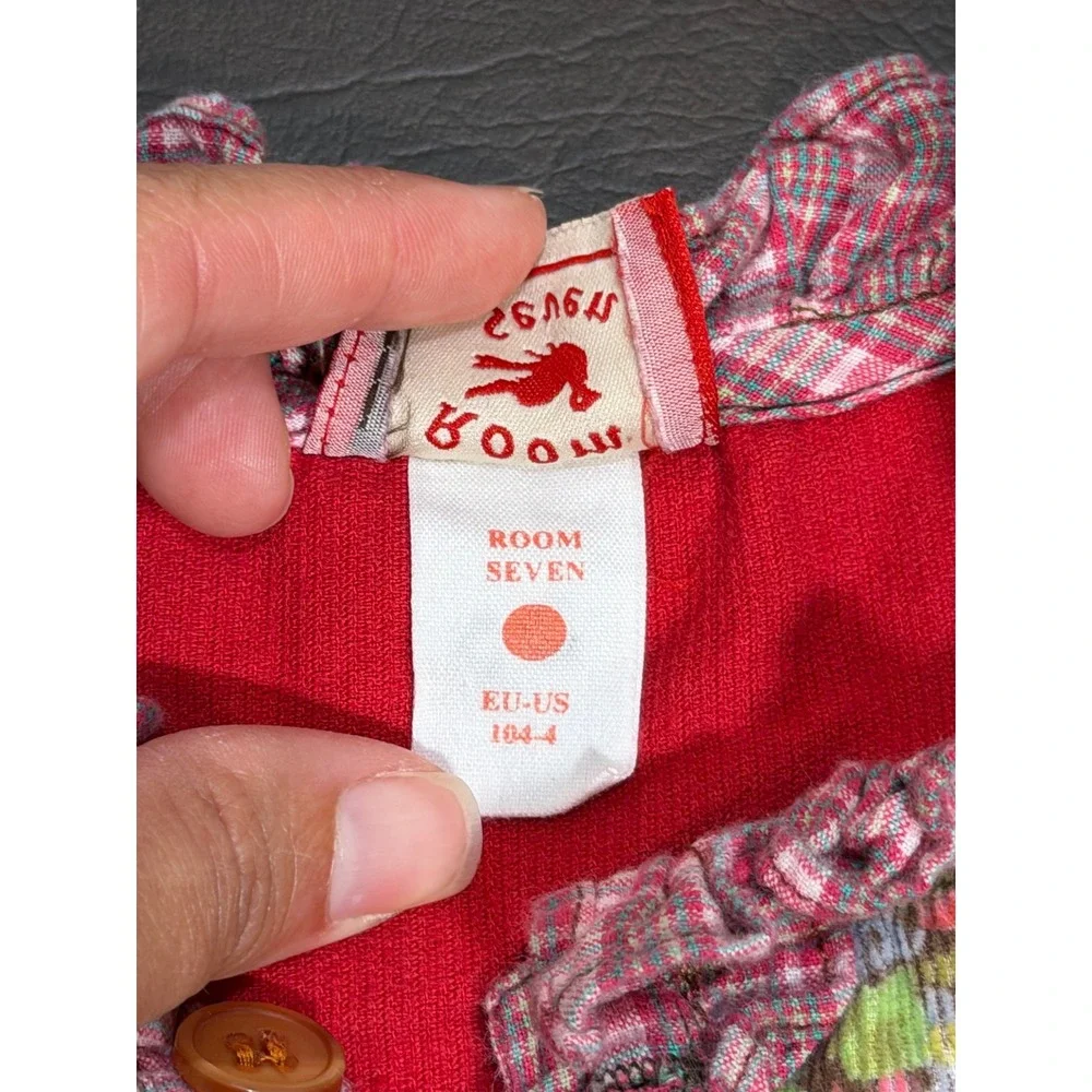 Room Seven Girls Patchwork Corduroy Dress Floral Plaid Tiered Boho Red Pink 4